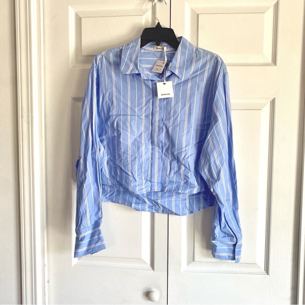 SIMKHAI Cropped Striped Button Down Shirt Wide Oxford Blue Stripe 424-2143-CAP L - Picture 4 of 6
